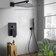 Black wall-mounted rainfall shower set with handshower and rotating bath spout
