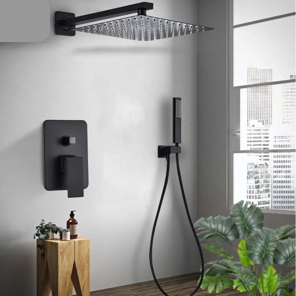 Black wall-mounted rainfall shower set with handshower and rotating bath spout