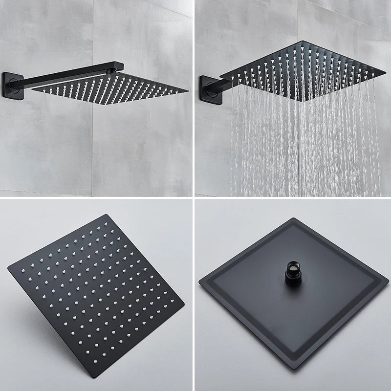 Black wall-mounted rainfall shower set with handshower and rotating bath spout