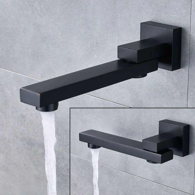 Black wall-mounted rainfall shower set with handshower and rotating bath spout