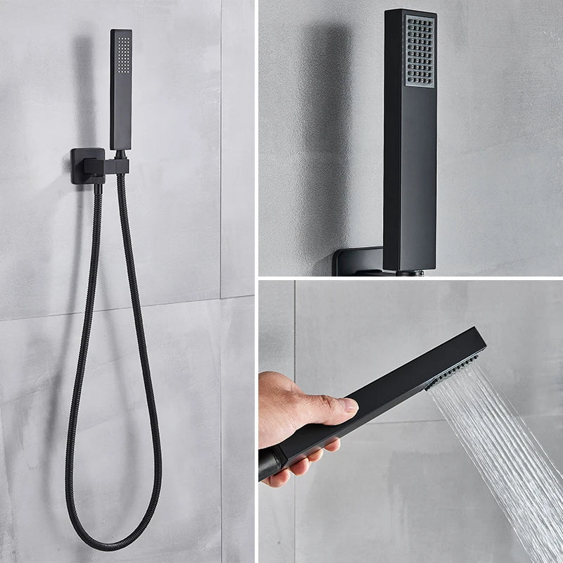 Black wall-mounted rainfall shower set with handshower and rotating bath spout