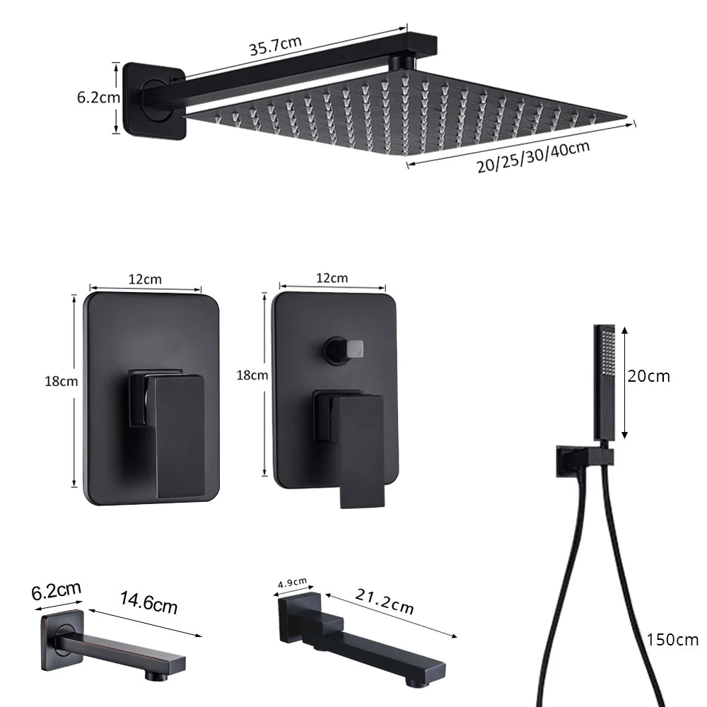 Black wall-mounted rainfall shower set with handshower and rotating bath spout