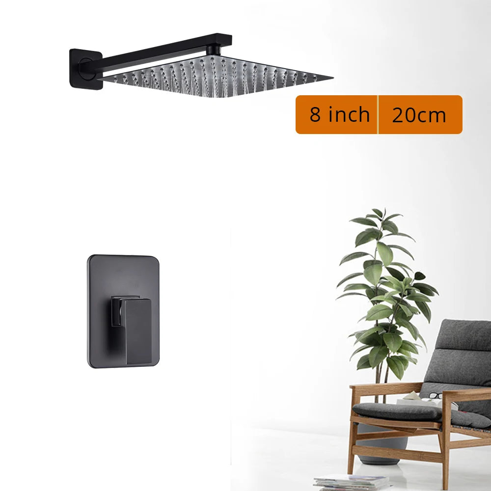 Black wall-mounted rainfall shower set with handshower and rotating bath spout