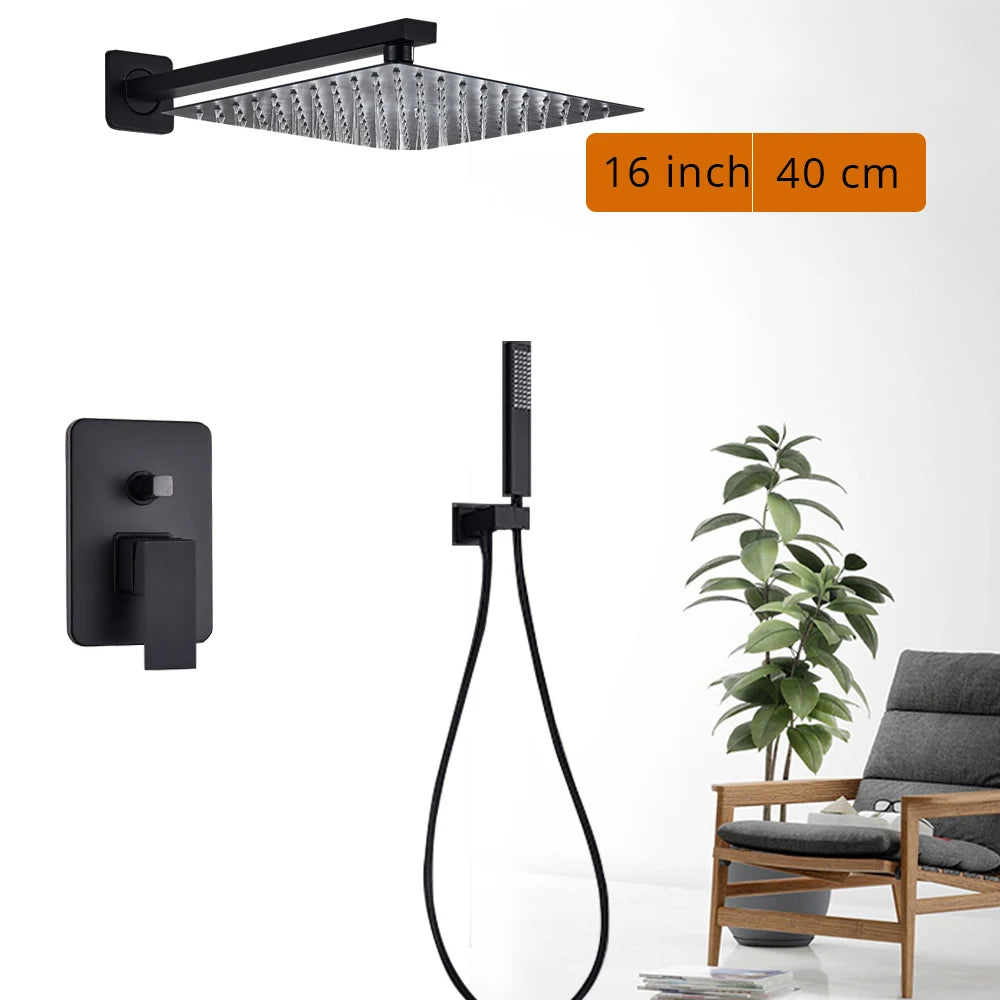 Black wall-mounted rainfall shower set with handshower and rotating bath spout