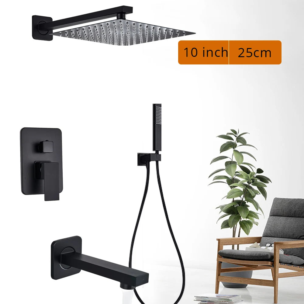 Black wall-mounted rainfall shower set with handshower and rotating bath spout