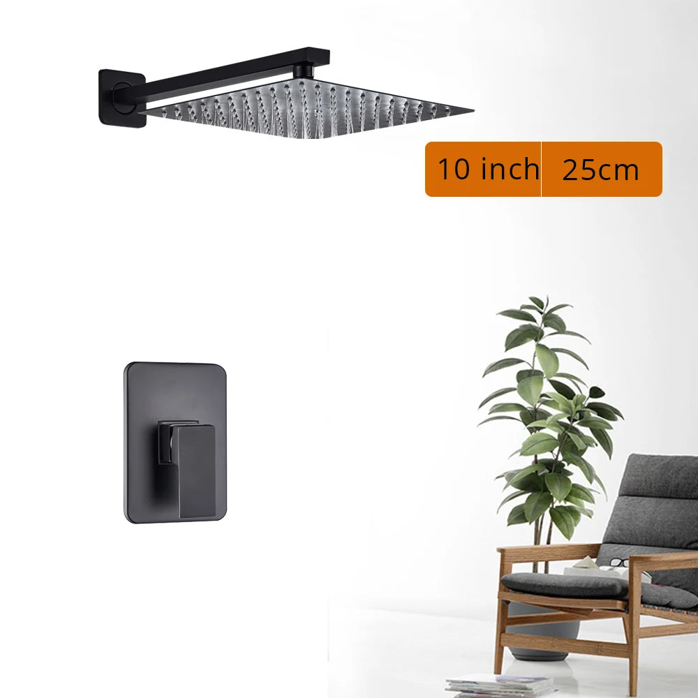 Black wall-mounted rainfall shower set with handshower and rotating bath spout
