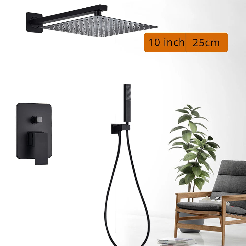Black wall-mounted rainfall shower set with handshower and rotating bath spout
