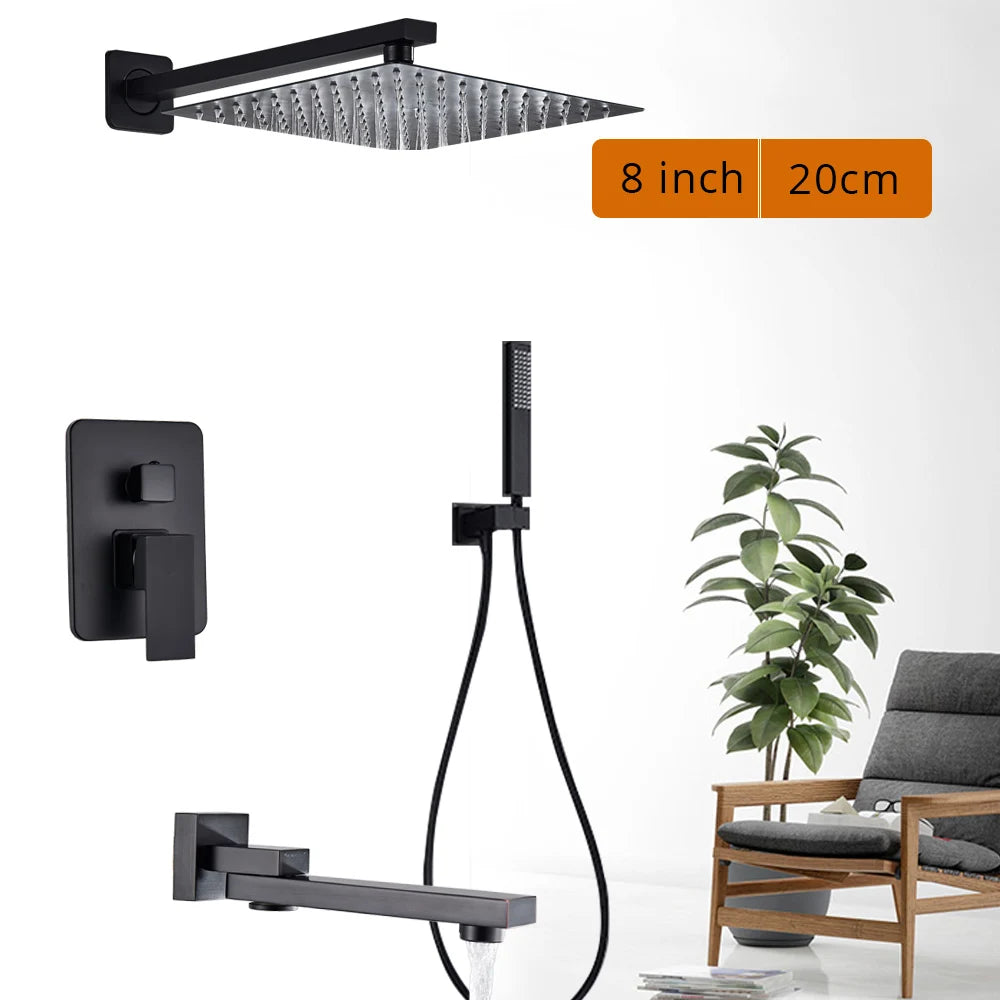 Black wall-mounted rainfall shower set with handshower and rotating bath spout