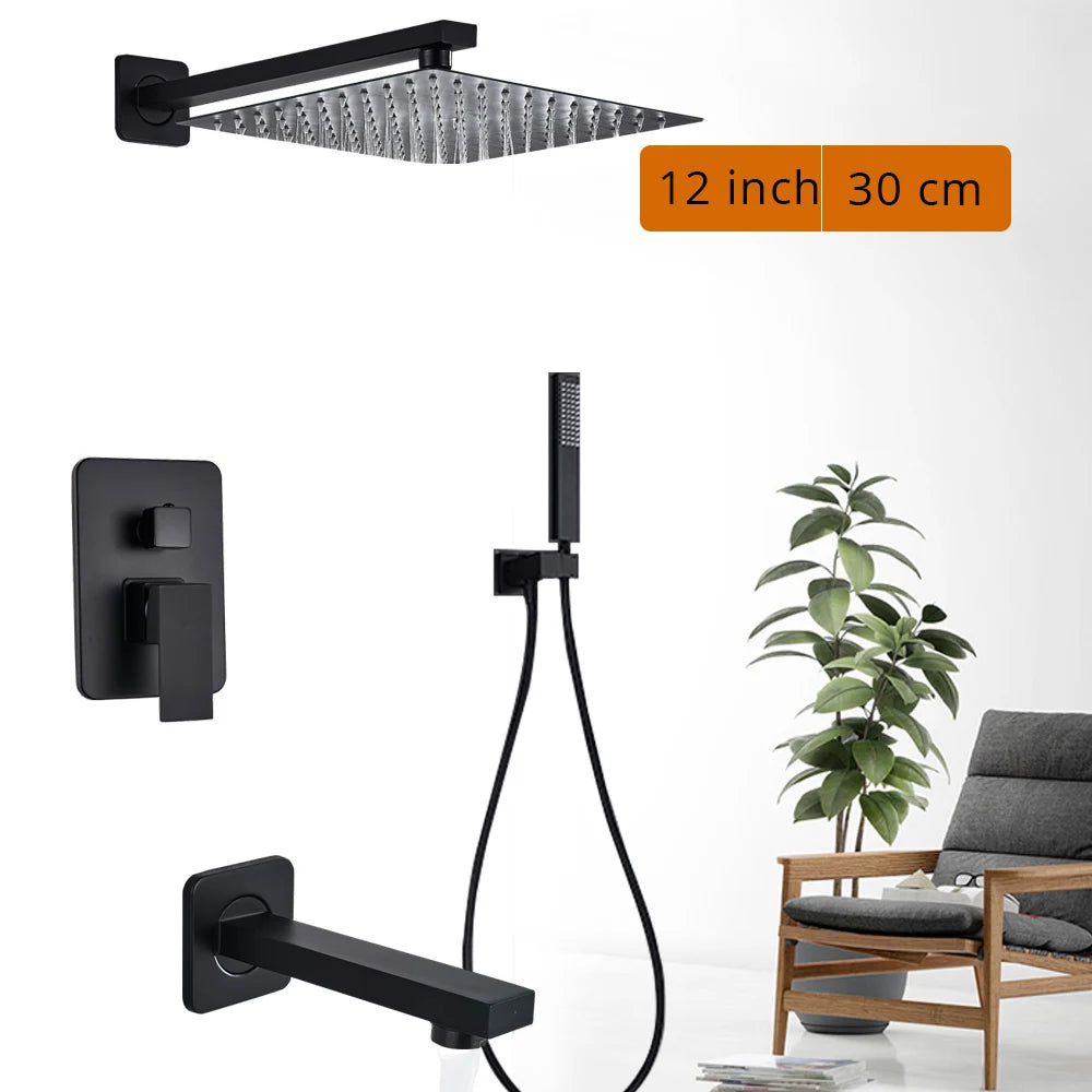 Black wall-mounted rainfall shower set with handshower and rotating bath spout