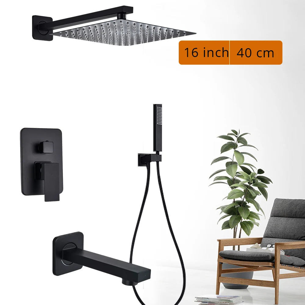 Black wall-mounted rainfall shower set with handshower and rotating bath spout