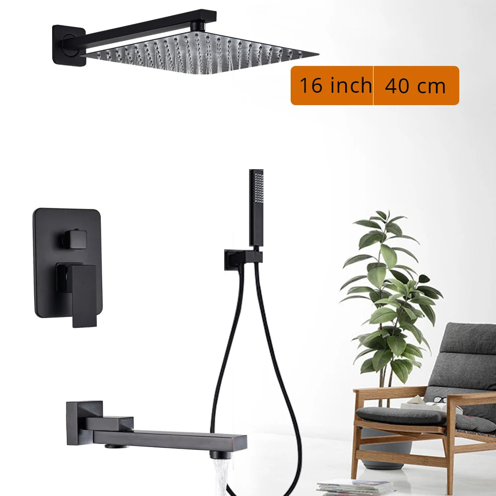 Black wall-mounted rainfall shower set with handshower and rotating bath spout