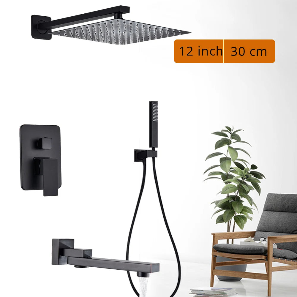 Black wall-mounted rainfall shower set with handshower and rotating bath spout