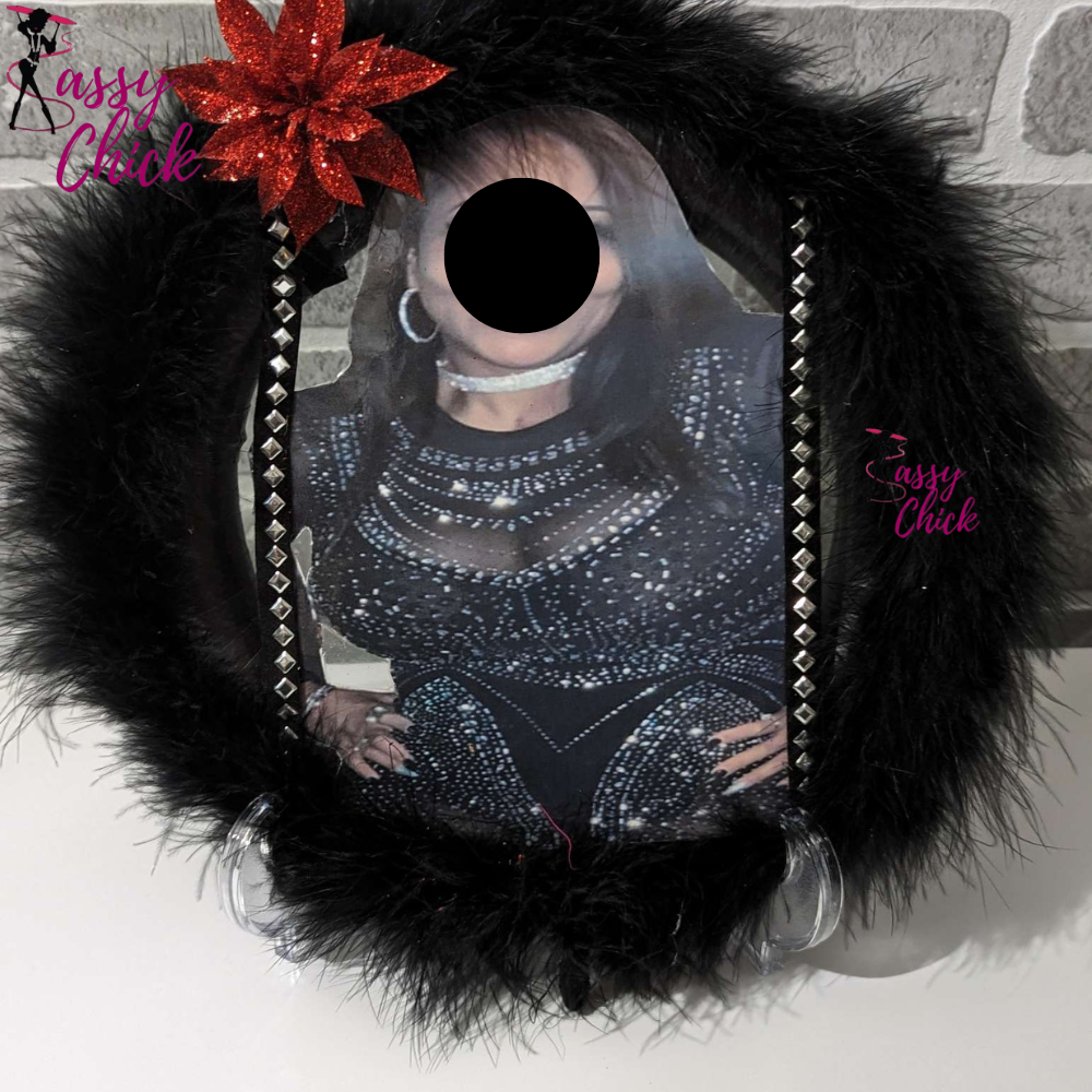 Black Red Poinsettia Flower Design Lady Wreath Sassy Chick Logo