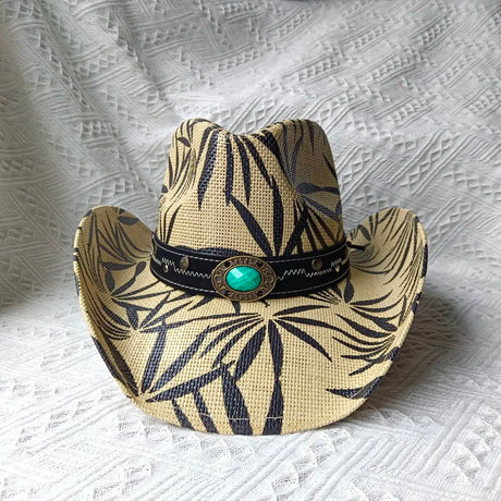 white leaves patter cowboy straw hat