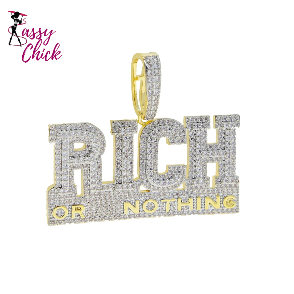 Bling CZ Letter Hustle Hard Rich Lucky Pendant Necklace Sassy Chick Logo