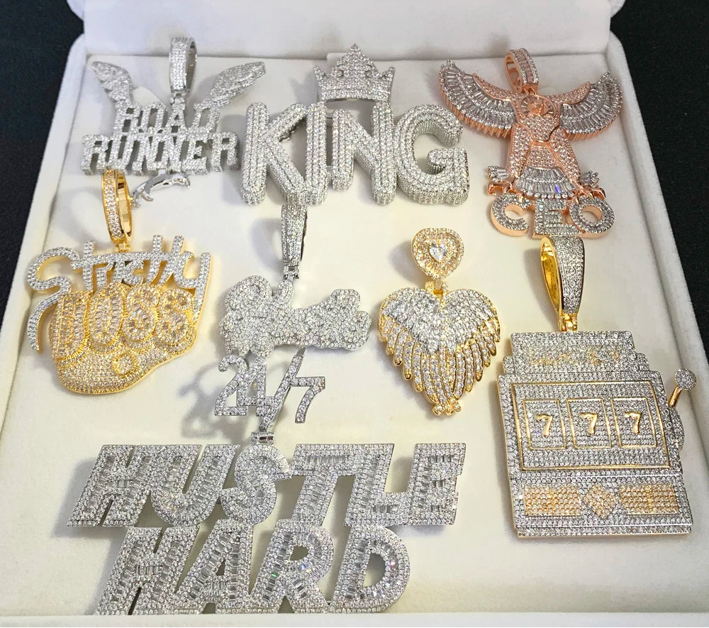 Collection of Bling CZ Letter Hustle Hard Rich Lucky Pendant Necklace