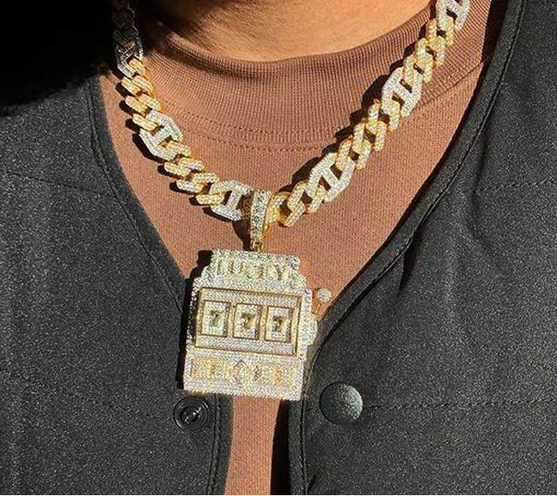 Model Using Bling CZ Letter Hustle Hard Rich Lucky Pendant Necklace