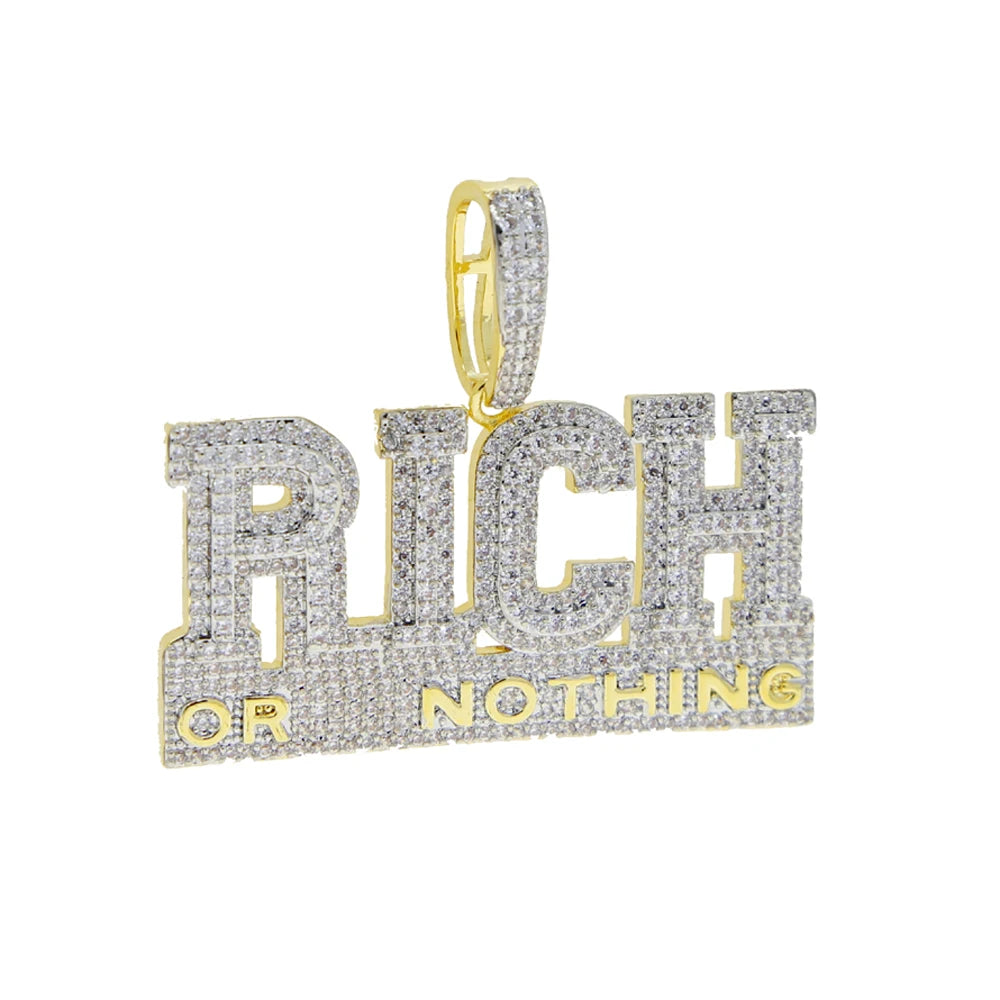 Bling CZ Letter Hustle Hard Rich Lucky Pendant Necklace