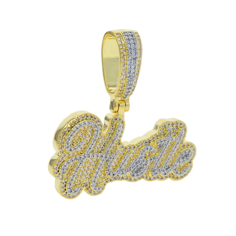 Bling CZ Letter Hustle Hard Rich Lucky Pendant Necklace