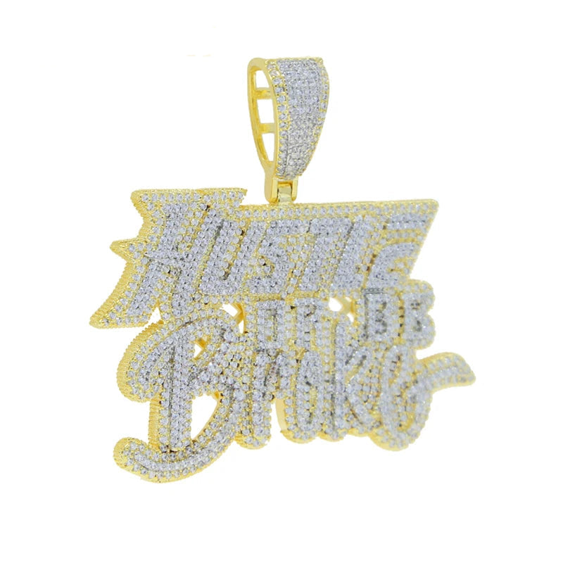 Bling CZ Letter Hustle Hard Rich Lucky Pendant Necklace