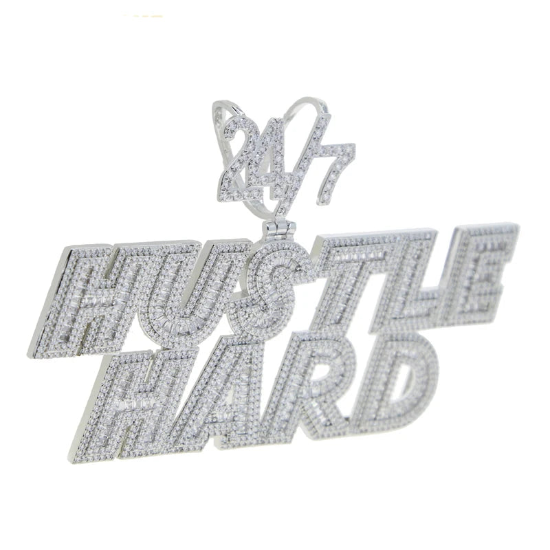 Bling CZ Letter Hustle Hard Rich Lucky Pendant Necklace