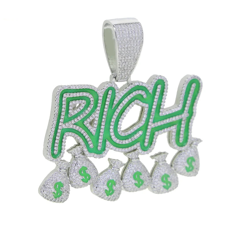 Bling CZ Letter Hustle Hard Rich Lucky Pendant Necklace