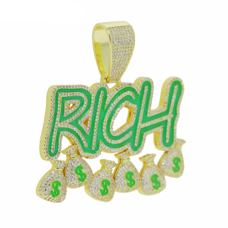 Bling CZ Letter Hustle Hard Rich Lucky Pendant Necklace