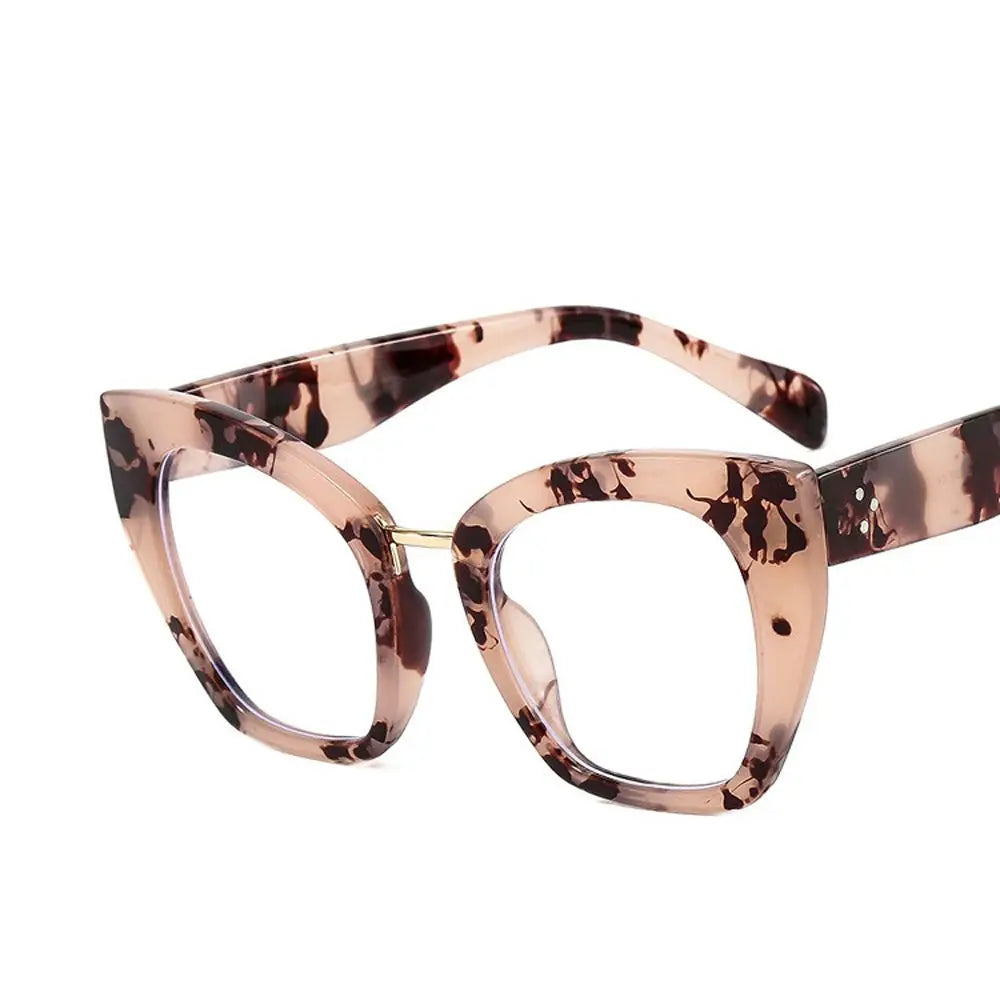 beige frame Blocking Leopard Print Cat Eye Big Frame Eyeglasses