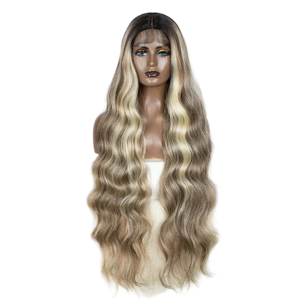 Blonde Ginger Highlight Long Wavy Synthetic Lace Front Wig