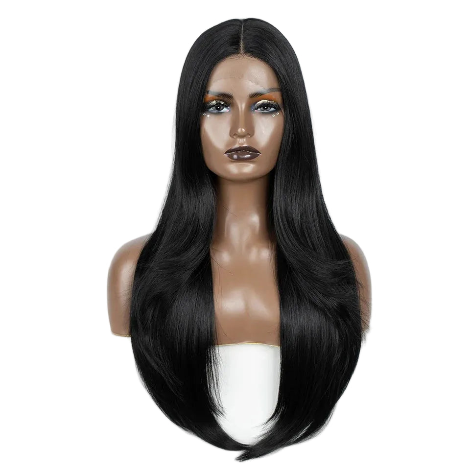 Black Blonde Highlight 28 Inch Straight Synthetic Lace Front Wigs