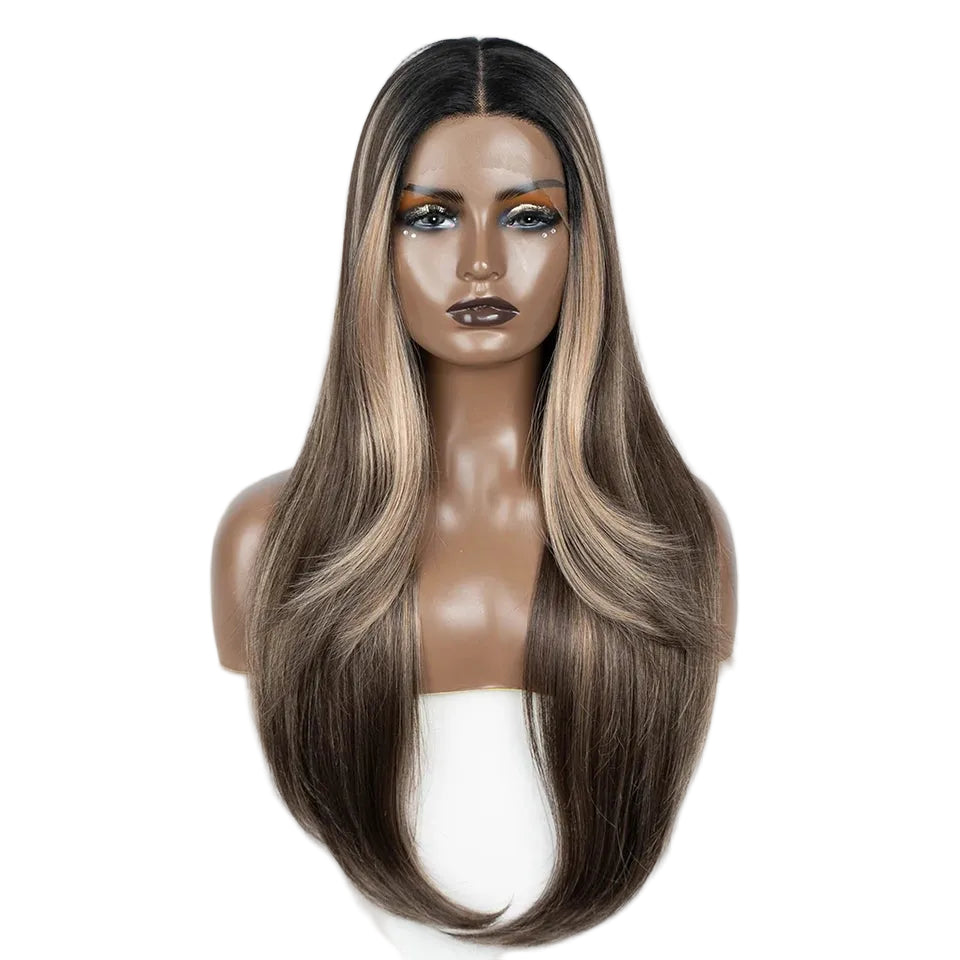 Blonde Highlight 28 Inch Straight Synthetic Lace Front Wigs