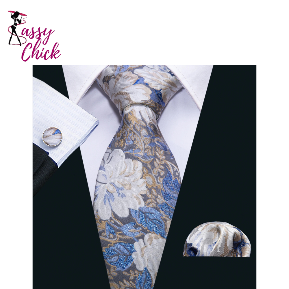 Blue Floral Jacquard Pocket Square Cufflinks Set Necktie Sassy Chick Logo