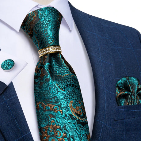 blue gold floral pattern tie set