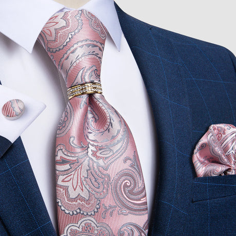 pink silver floral pattern tie set