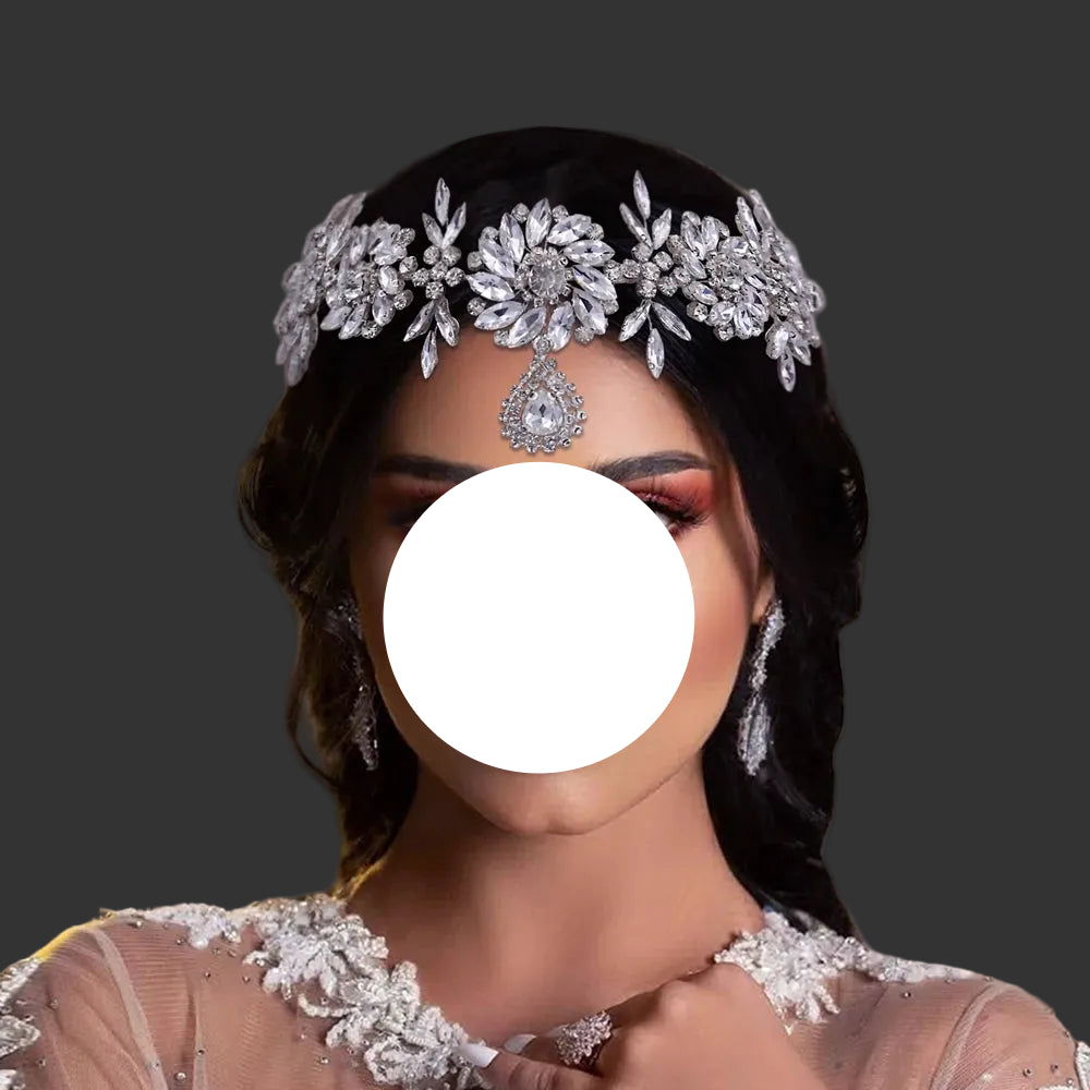 Model using Bohemian Crystal Rhinestone Crown Forehead Bridal Headband