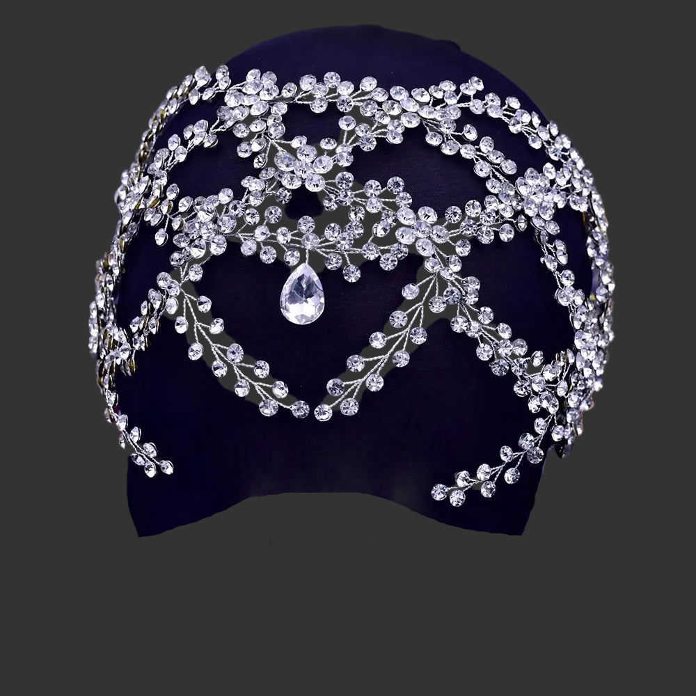 White Bohemian Crystal Rhinestone Crown Forehead Bridal Headband