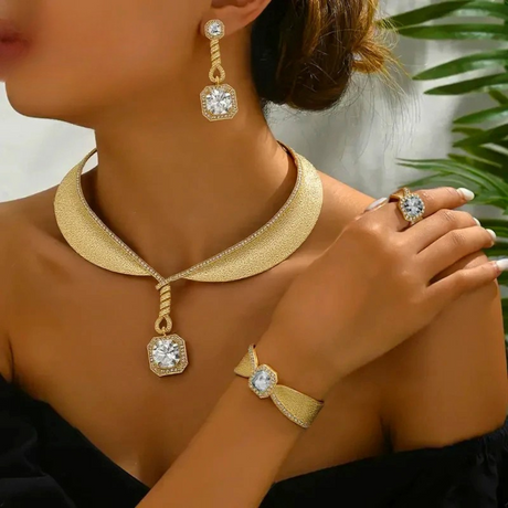 Model using Bohemian Rhinestone Gold Plated 4Pcs Jewelry Set