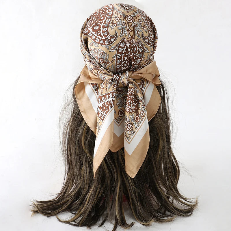 Brown Bohemian Satin Head Wrap Square Silk Scarf