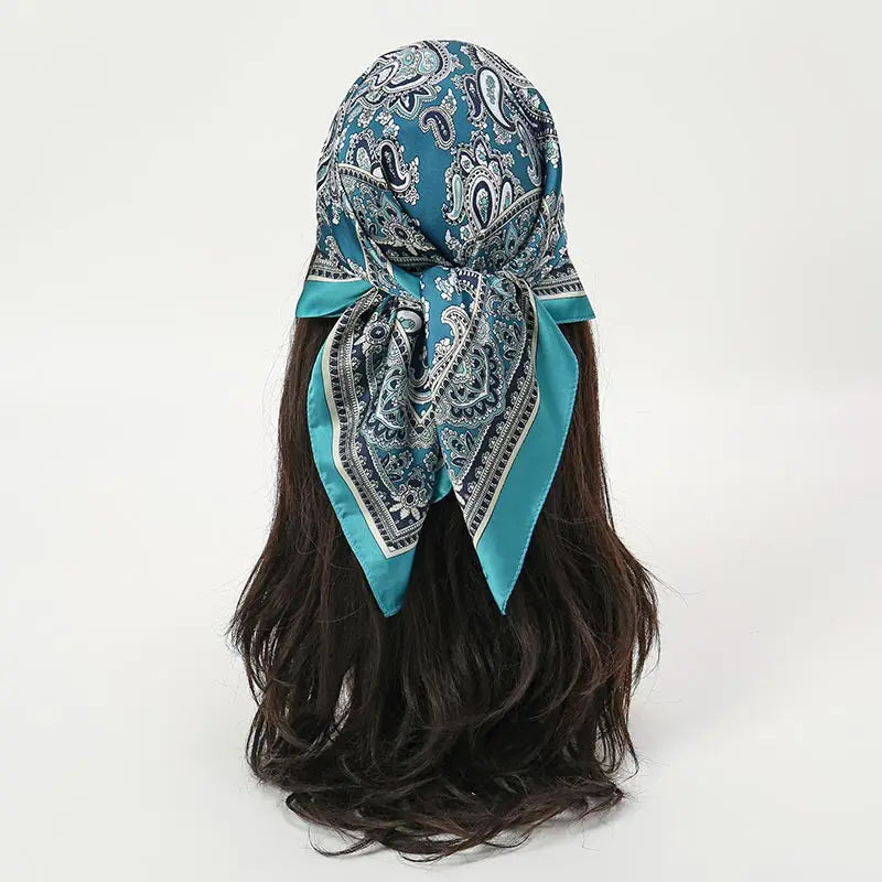 Blue Bohemian Satin Head Wrap Square Silk Scarf