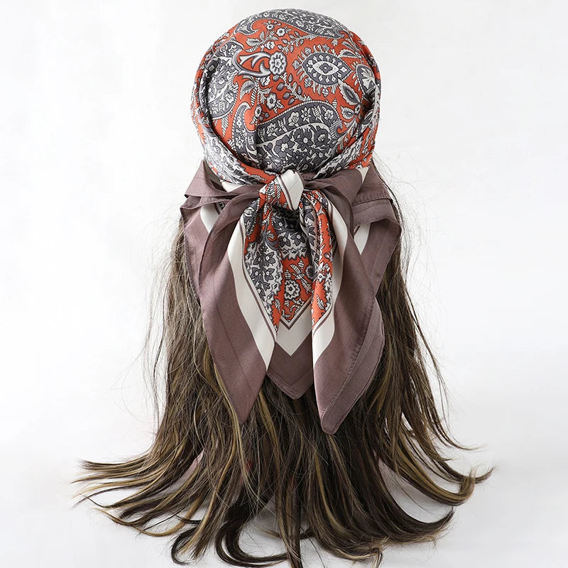 Brown Orange Bohemian Satin Head Wrap Square Silk Scarf