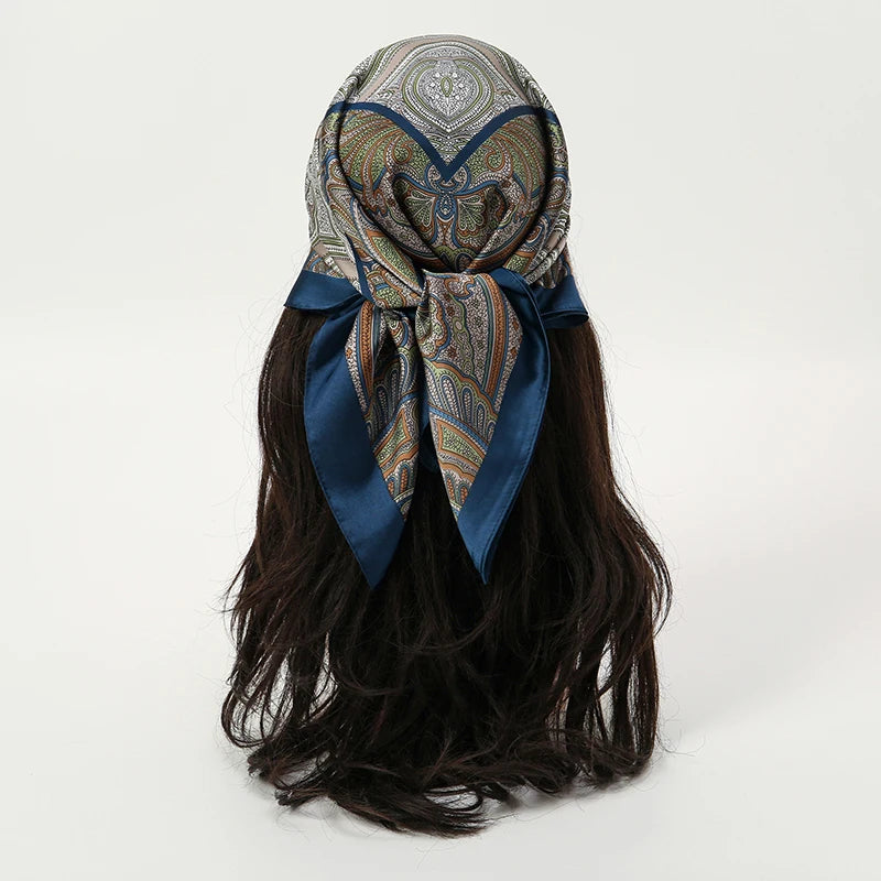 Blue Bohemian Satin Head Wrap Square Silk Scarf