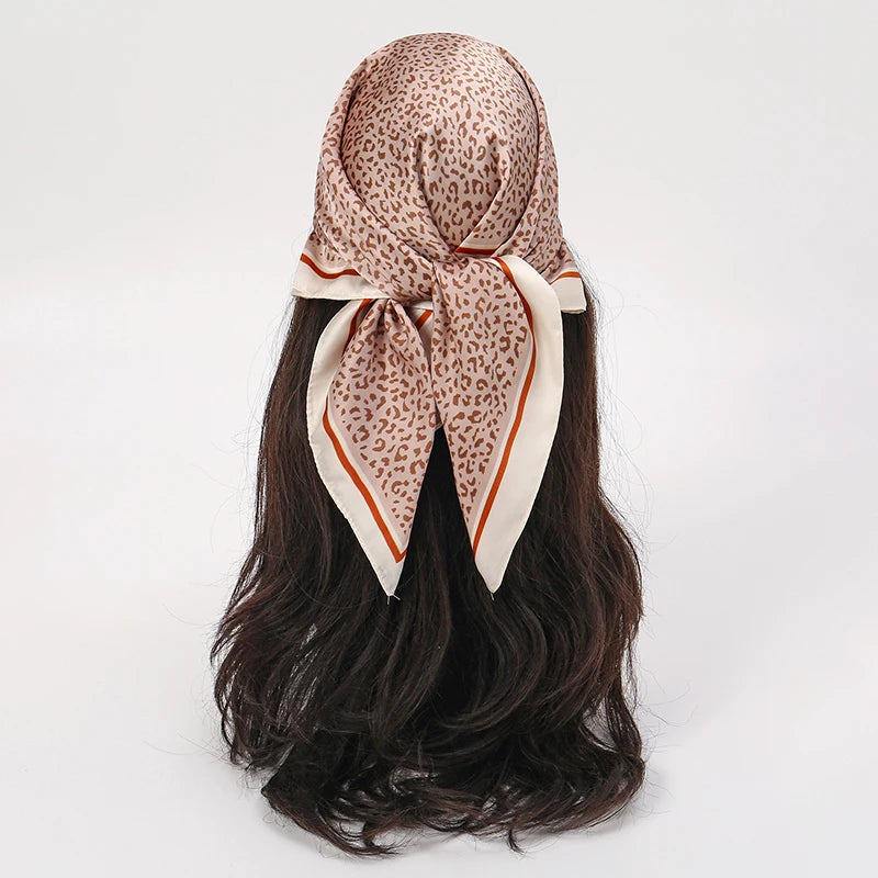 Brown Red Bohemian Satin Head Wrap Square Silk Scarf