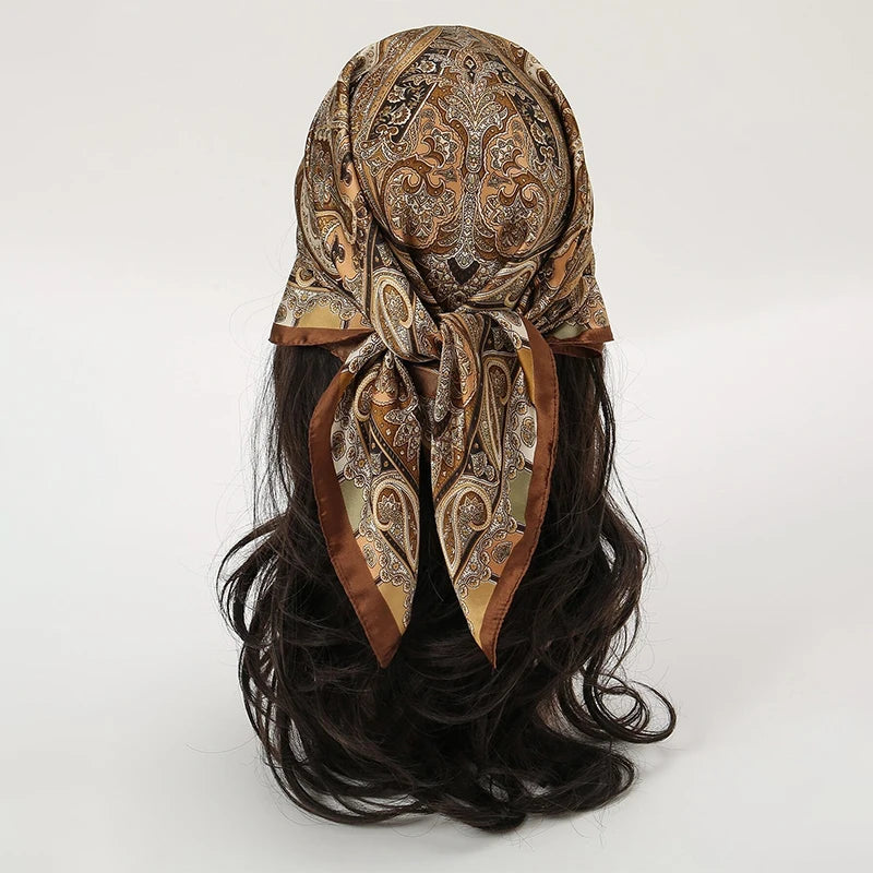 Brown Bohemian Satin Head Wrap Square Silk Scarf