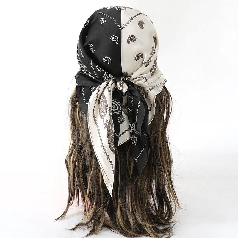 Black White Bohemian Satin Head Wrap Square Silk Scarf