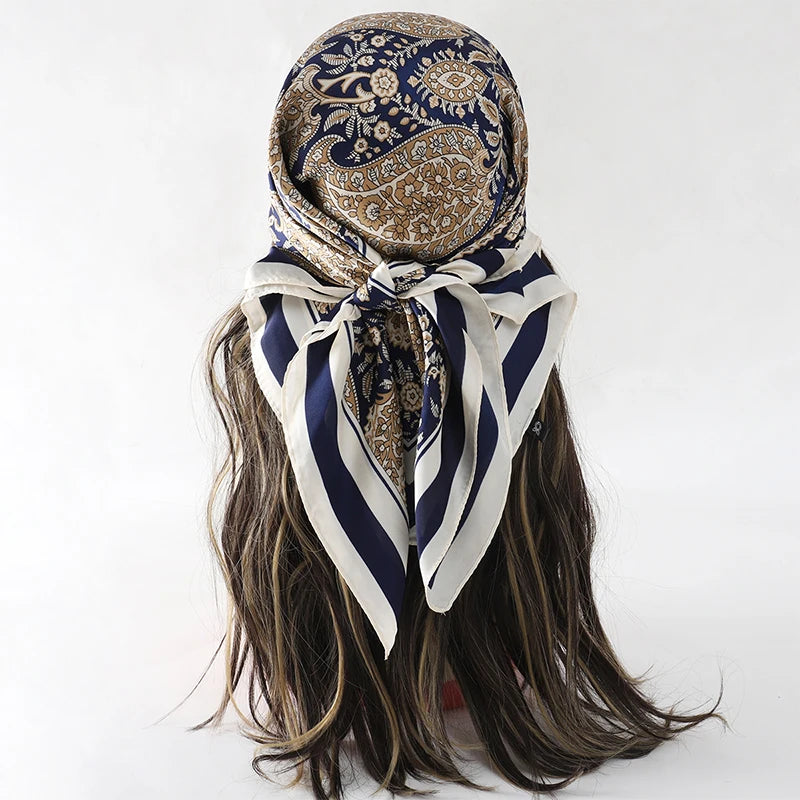 Blue Brown Bohemian Satin Head Wrap Square Silk Scarf
