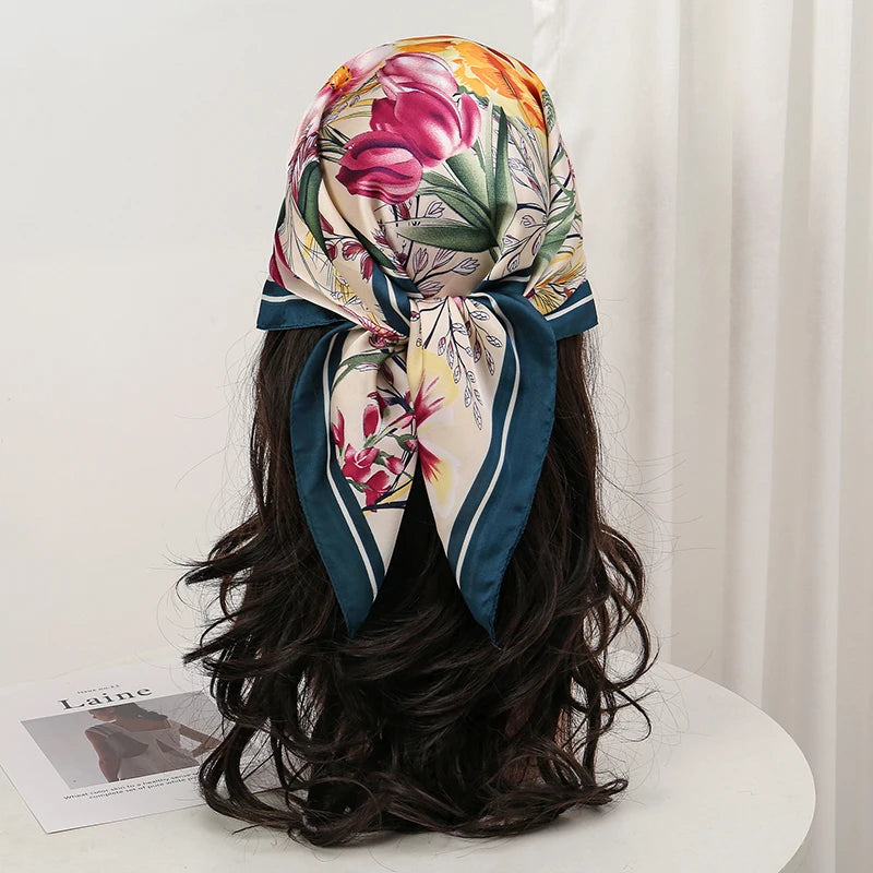 Blue Red Bohemian Satin Head Wrap Square Silk Scarf