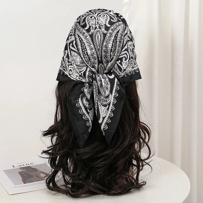 Black White Bohemian Satin Head Wrap Square Silk Scarf