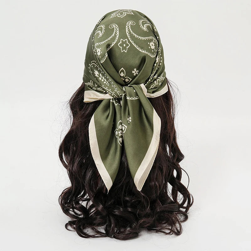 Green Bohemian Satin Head Wrap Square Silk Scarf