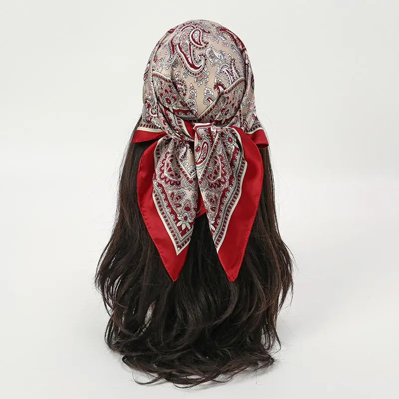 Red Gray Bohemian Satin Head Wrap Square Silk Scarf