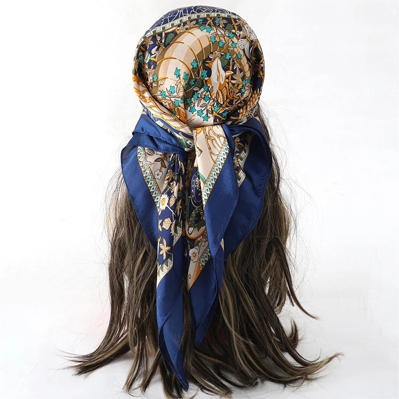 Blue Orange Bohemian Satin Head Wrap Square Silk Scarf